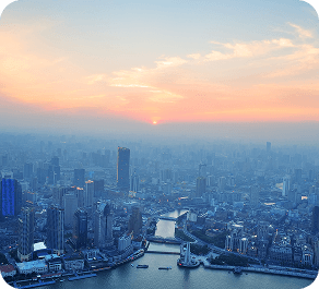 City skyline at sunset